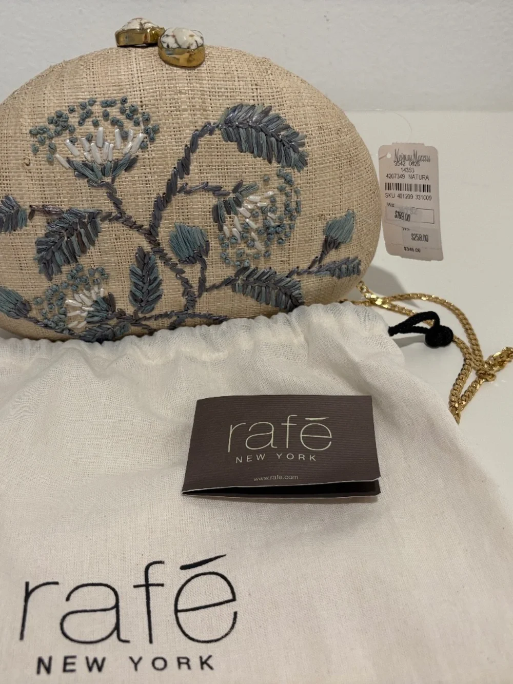 Brand new rafe brand Neiman Marcus woven clutch w chain